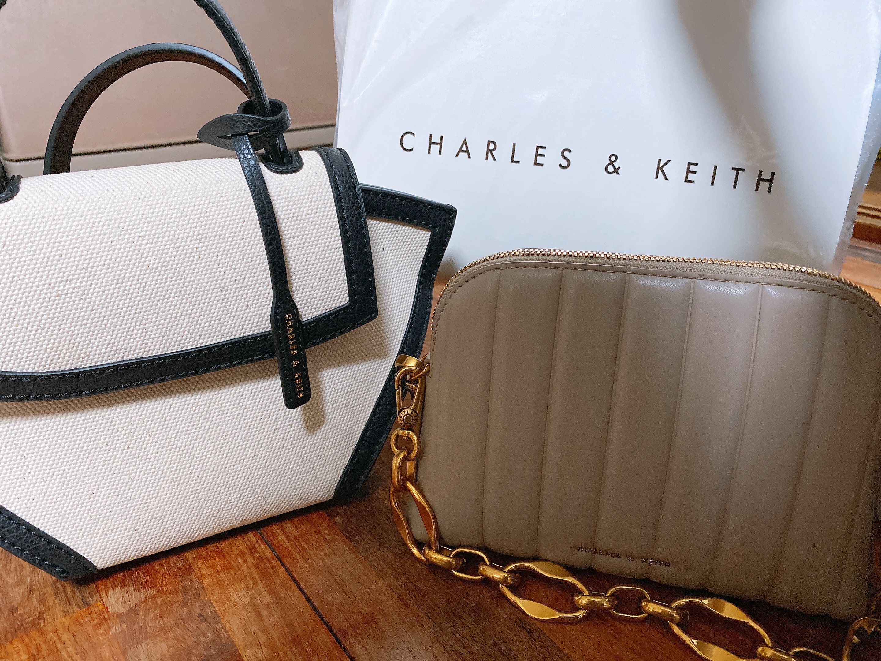 CHARLES & KEITH キャンバストラペーズ トップハンドルバッグ
