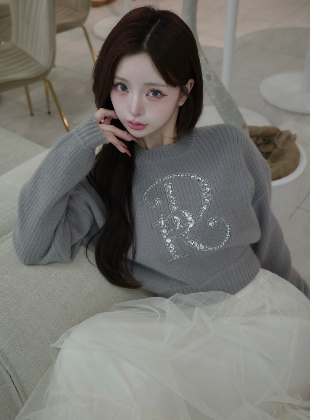 ダーリッチ Darich DRビジューボリュームリブニットトップス （グレー