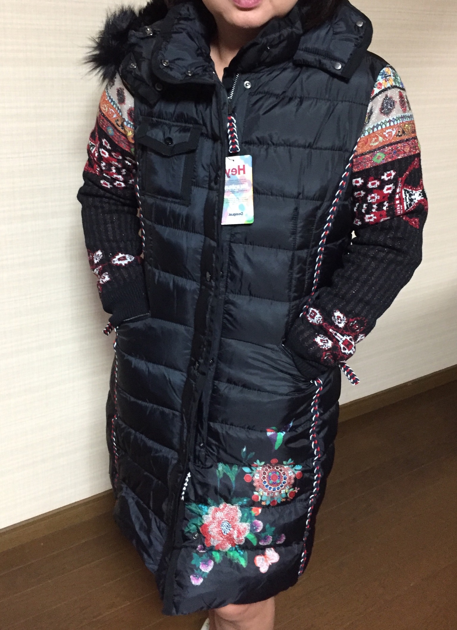 デシグアル Desigual 袖ニット中綿キルテイングコート （ブラック